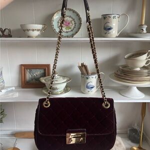Michael Kors Quilted Velvet Shoulder Bag in Burgundy with Gold Chain